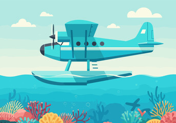 Flat illustration of blue seaplane flying over coral reef © Joan