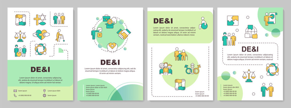 DEI culture green circle brochure layout. Personal freedom rights. Inclusive workplace. Leaflet advertising design with color line icons. Editable 4 pages. Arial-Bold, Myriad Pro-Regular fonts used