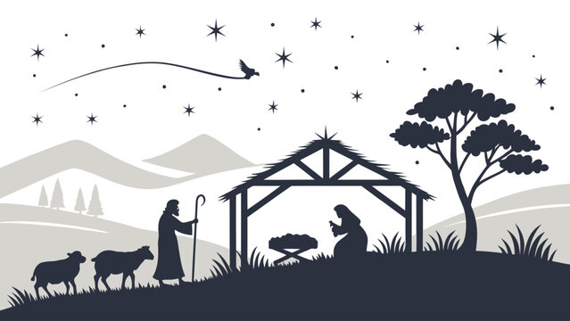 Nativity scene silhouette with mary joseph baby jesus sheep under a starry sky with distant hills birth of jesus holy family nativity christmas silhouette shepherd holidays religious pastoral