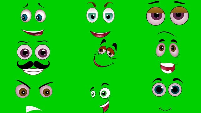 Mustache face animation on green screen chroma key background featuring funny facial expressions. High quality isolated footage assets for your creative projects today. Use this