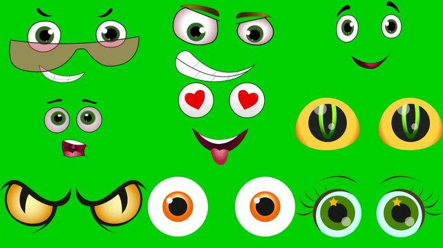 Cartoon eyes green screen chroma key background animation featuring glasses, cyclops, tired, silly, angry, multiple, shocked, crossed, and cute. High quality isolated footage. Buy