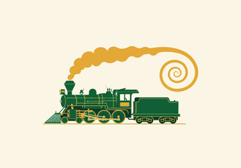 Vintage green steam locomotive with swirling yellow smoke illustration © Joan