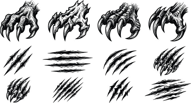Monster Claw Scratch Illustration Collection with Sharp Animal Talons and Horror Style Slash Marks Design