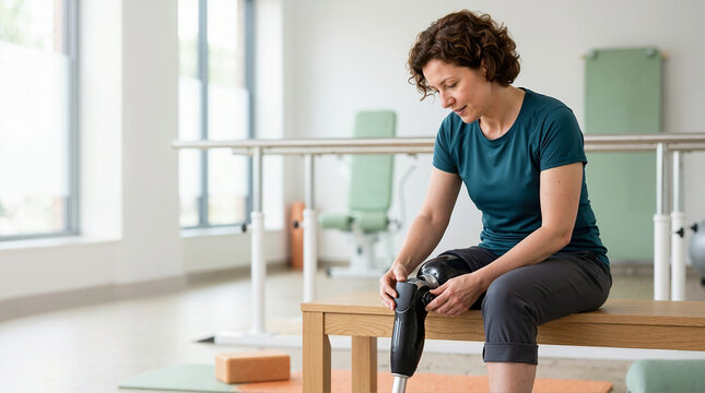 Woman adjusting her prosthetic leg in a rehabilitation center. Amputee focusing on knee prosthesis settings in a physical therapy gym. Disability and medical technology concept