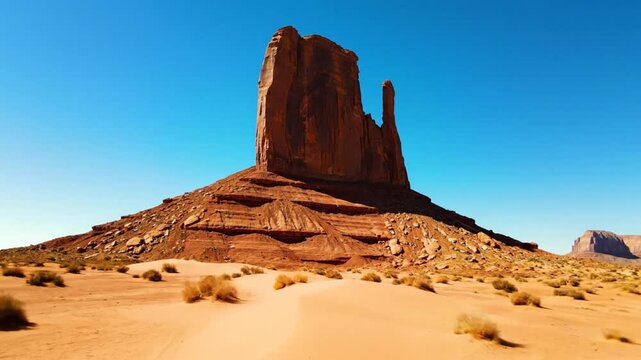 Epic scenic view of the iconic west mitten butte rock formation with blue sky and desert landscape