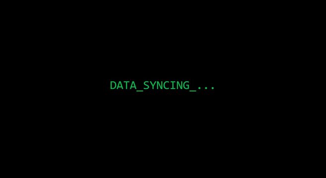 Data syncing text animation on black background, for digital animation