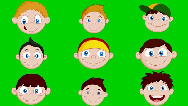 Boys faces green screen chroma key background animation featuring kid, boy, blonde, red, brown, green, cap, smile, and happy. High quality isolated footage. Buy this pro clip today