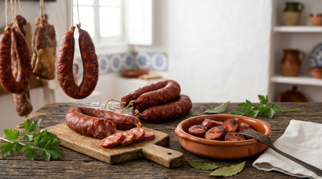 Traditional Portuguese chouri&ccedil;o sausage on a rustic wooden table. Sliced and grilled spicy pork sausage with bay leaves and parsley. Authentic Mediterranean kitchen scene