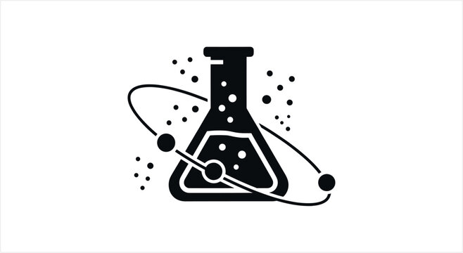 Science Experiment Flask with Atomic Structure Illustration.