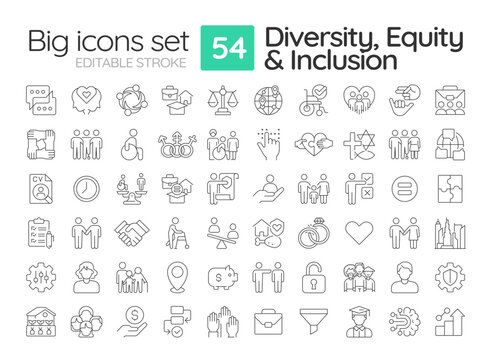 Diversity, equity and inclusion line icons set. Social human rights. Equal community. Modern religious freedom. Isolated vector outline illustrations. Thin lineart iconset symbols. Editable stroke
