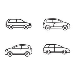 Fototapeta premium Four different car models in a line drawing style from the side view various vehicle types are shown in a simple black and white illustration