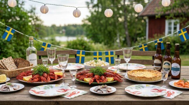Traditional Swedish crayfish party table setting outdoors. Kr&auml;ftskiva celebration with boiled crayfish dill and lemon. Scandinavian summer festival with national dishes and flags