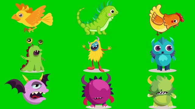 Monster mix green screen chroma key background animation featuring bird, lizard, chicken, alien, cyclops, blue, bat, pink, and gremlin. High quality isolated footage. Buy this pro