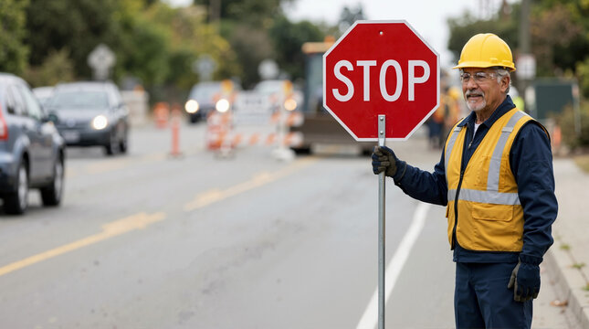 Male traffic control worker holding a stop sign on a road. Senior man in safety vest and hard hat at construction site. Professional flagger directing traffic