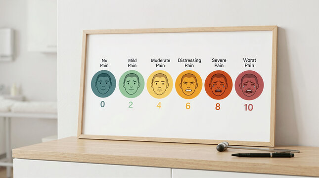 Pain assessment scale chart in wooden frame on medical desk. Visual face scale for patient diagnosis. Healthcare evaluation tool