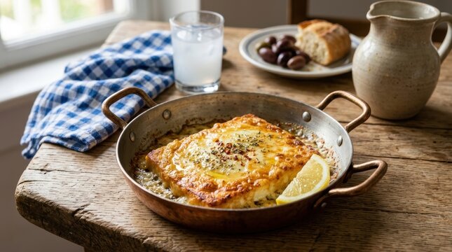 Fried saganaki cheese with lemon in a traditional pan. Greek national dish appetizer served with ouzo, olives, and bread on a wooden table