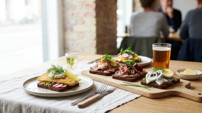 Traditional Danish smorrebrod open faced sandwiches on rye bread. Selection of national dishes with fish beef and herring. Scandinavian lunch with beer and schnapps