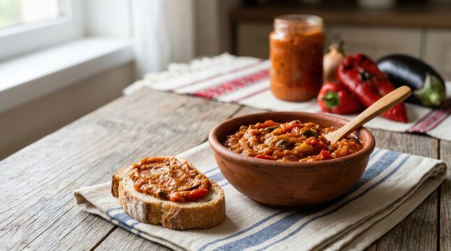 Zacuscă traditional Romanian vegetable spread in a clay bowl. Roasted eggplant and pepper dip on a slice of bread. Homemade balkan appetizer with fresh ingredients on a wooden table