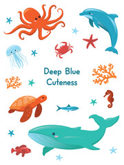 Cute ocean creatures collection with nautical quote, cartoon whale, jellyfish, seahorse and coral elements, playful aquatic animal vector illustration for nursery decor and greeting cards © Zhanna Chychkova