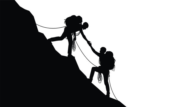 two climbers assisting each other on a rocky mountain slope dramatic black silhouette high quality professional detailed modern elegant stylish clean crisp vibrant colorful