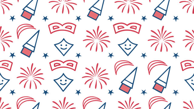 Red and blue festive pattern with fireworks and masks