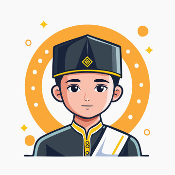 Cartoon illustration of a young Muslim boy wearing a peci hat