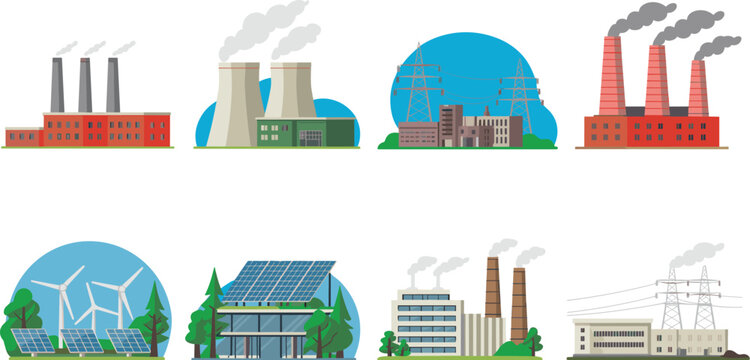 Industrial energy production collection, power plant electricity generation set, renewable and pollution factory infrastructure vector illustration concepts