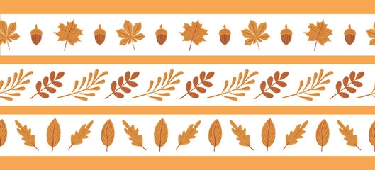 Autumn border set with leaves, branches and acorns. Cozy seasonal horizontal frames perfect for Thanksgiving design, packaging, invitations and fall decor. © IrinaBrusentseva