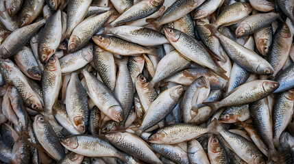Obraz premium The image features a large pile of fresh sardines or similar small oily fish