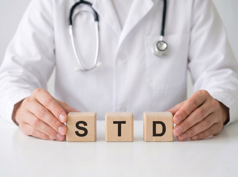 doctor torso with wooden blocks spelling std for sexual health and medical awareness concept