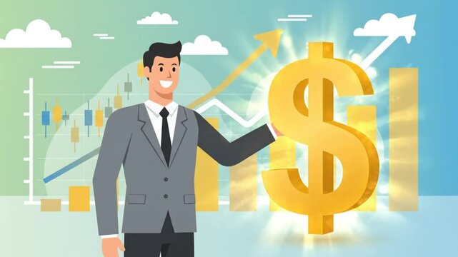 Cheerful businessman presenting the dollar sign with financial chart showing upward trend and growing profit concept