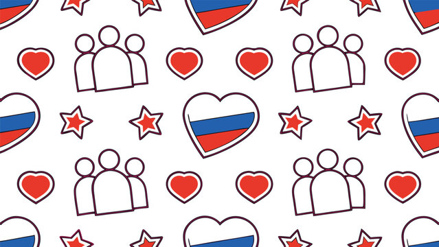 Seamless pattern of russian flag hearts, stars, and people