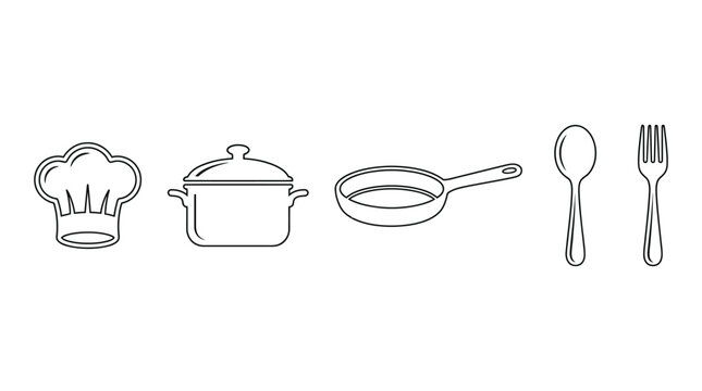 Black silhouette food icons set with chef hat, pot, pan, spoon and fork