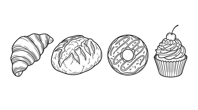 Black outline illustrations of assorted baked goods