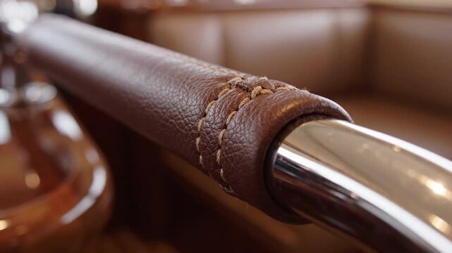 Brown leather handrail cover stitched on metal bar in warm interior, cozy detail and texture evoking comfort and craftsmanship