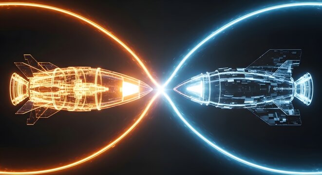 Futuristic rocket wireframe ships, glowing spaceship HUD, sci-fi space battle