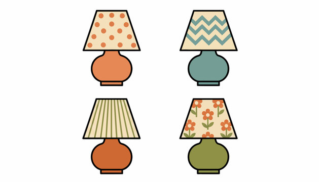 Colorful lamp icons, vector table lamps, decorative lighting, home decor illustrations, furniture symbols