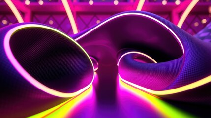 Fototapeta premium Abstract purple structure with bright neon lights. Futuristic design, dynamic curves, dark background creates dramatic effect.