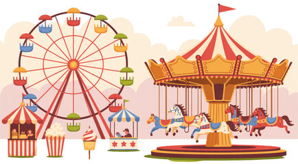 Colorful carnival scene with carousel, ferris wheel, and circus tent at fairground Vector © jayeda