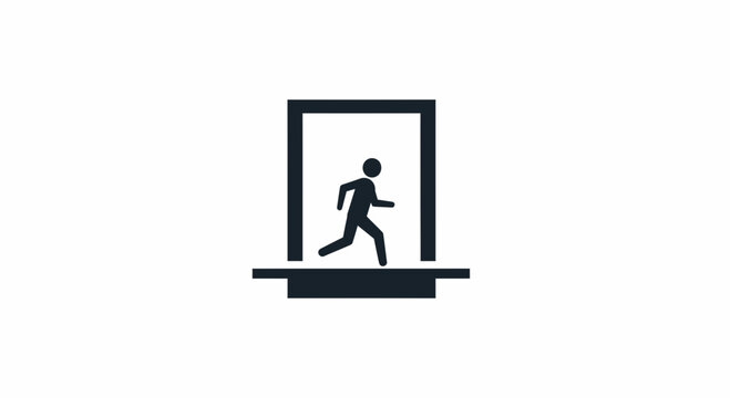 Running Man Icon Through Open Doorway Silhouette, Exit Sign Concept