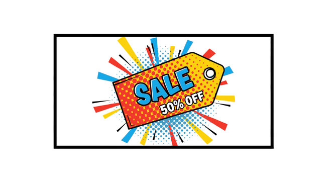Sale Tag 50% Off Pop Art Style Comic Book Explosion Background