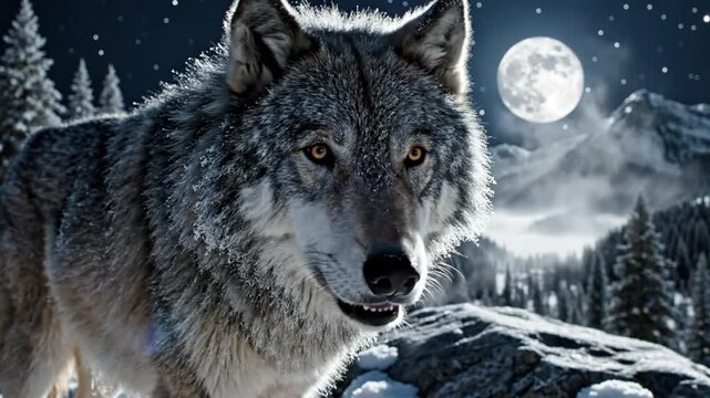 Majestic gray wolf gazing intently at the viewer under a brilliant full moon in a snowy winter landscape