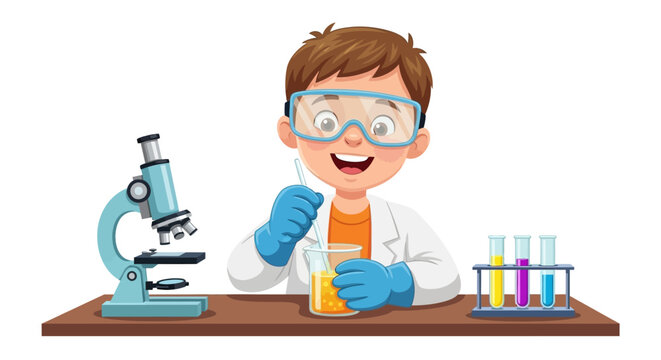 Boy scientist, laboratory setting, educational vector, chemistry experiment, kid in lab coat