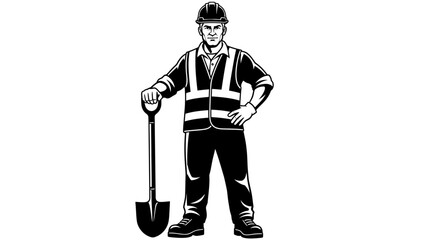 A construction worker stands confidently holding a shovel wearing a safety vest and hard hat outdoors. © Pata