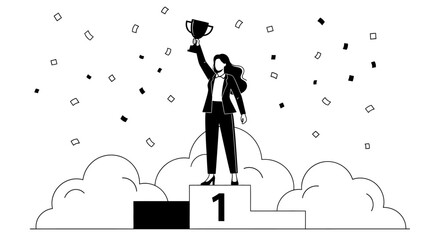 A woman stands triumphantly on a podium, holding a trophy aloft amidst confetti and clouds. © Pata
