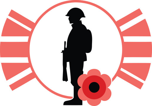 Silhouette soldier with poppy and union jack emblem