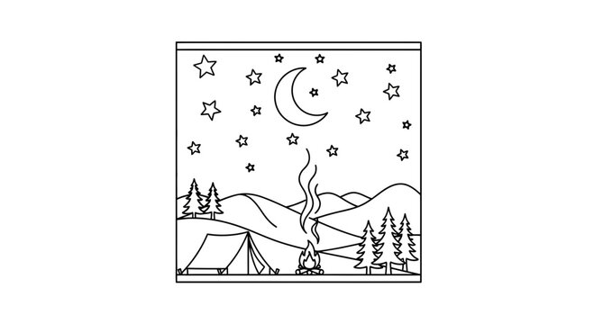 Night Camping Scene with Tent, Campfire, and Starry Sky