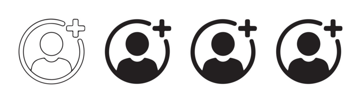 Set of add user icons featuring plus signs for contact management and social media account growth.