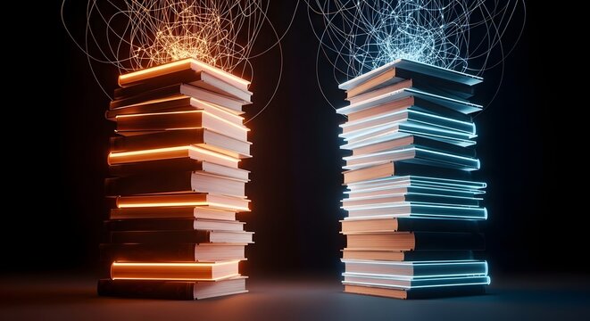 Glowing book stacks, orange and blue light, conceptual education art