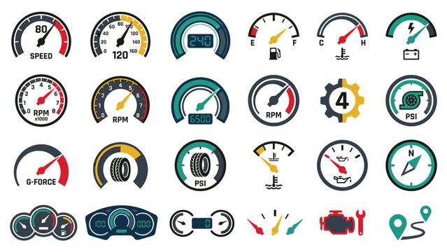 Car dashboard indicators set. gauge speed, fuel, temperature, and other auto icons.
